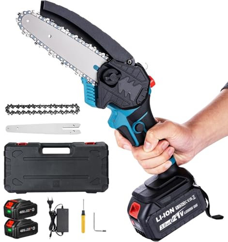 Mini Motosierra Bateria, 21V Motosierra Bateria de 6 Pulgadas con Bloqueo de Seguridad, con Depósito Para El Aceite, Mano Para Motosierra Eléctrica Podar Arboles (con 2 batería de 6000 mAh)