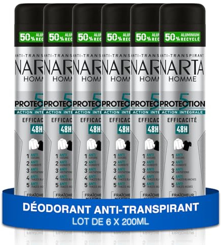 NARTA - Deodorant für Herren, Schutz 5, Anti-Transpirant, Wirksamkeit 48 Stunden, maximale Frische, ohne Alkohol, 6 x 200 ml
