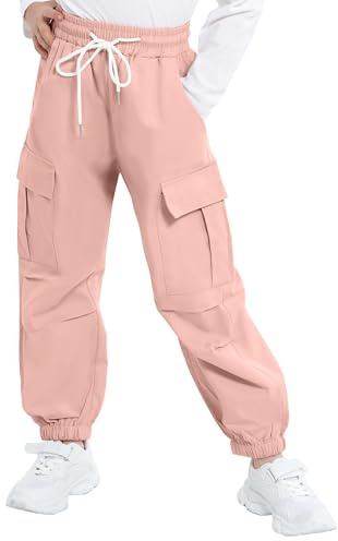 JiAmy Pantalon cargo pour filles, taille élastique, pantalon de parachute décontracté, multi-poches, pantalon de jogging Y2k pour enfants de 5 à 14 ans, rose, 5-6 ans