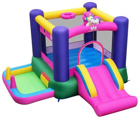 GOPLUS Castillo Hinchable, Castillo de Salto Inflable Interior/Exterior con Tobogán, Piscina de Bolas, Juegos de Lanzamiento, Centro de Juegos de Unicornio sin Soplador para Niños de 3-12 Años