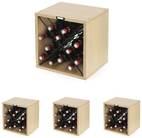 Compactor – Range Bouteilles empilable pour 12 Bouteilles, Coloris Bois Naturel et Croix en métal (Lot de 4)