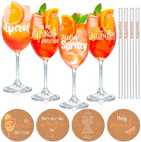 YYSWSAKY 4er Set Aperol Spritz Gläser Geschenkset - Premium Aperol Gläser∣It’s Aperol O’Clock Glasstrohhalme∣Korkuntersetzer, Ideal Geeignet für Aperol-Fan