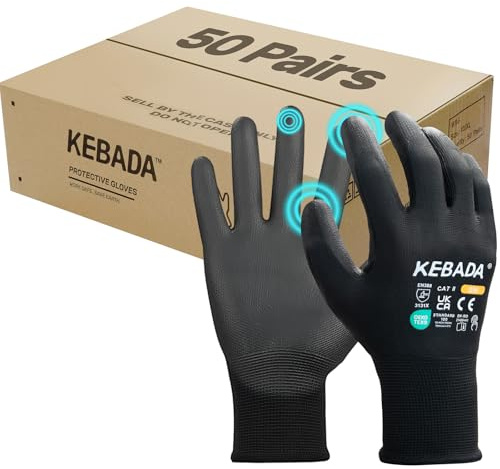 Kebada Work Gloves for Men, Touchscreen, PU Coated, W1, 50 Pairs Bulk Pack | Black, Size 8/M, breathable knit, secure grip, safety gloves for gardening, mechanics, warehouse, driving & construction