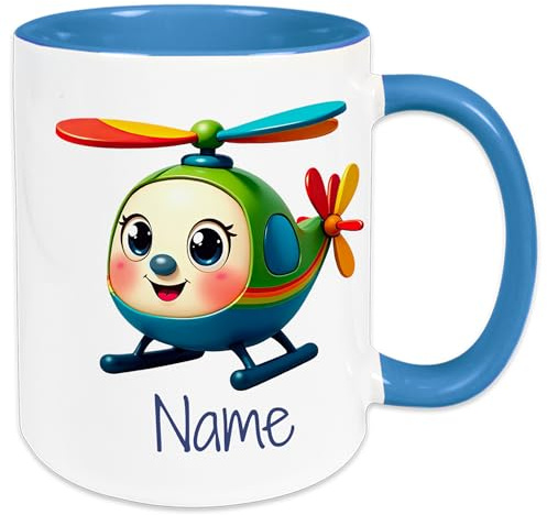 GRAZDesign Kinder Tasse personalisiert mit Namen – Bunter Kinderbecher mit Hubschrauber-Motiv für Jungen 330ml