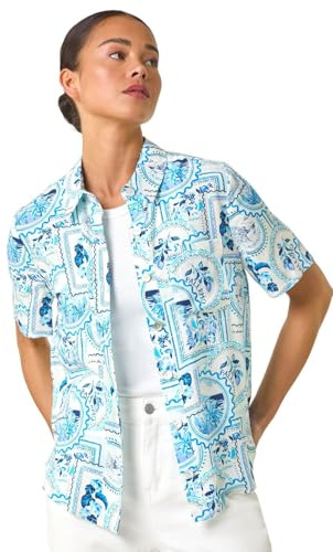 Roman Petite Print Button Through Shirt for Women UK Ladies Spring Everyday Summer Holiday Classic Collar Comfy Short Sleeve Soft Pocket Detail Top Day Out Blouses - Petite Blue Ivory - Size 14