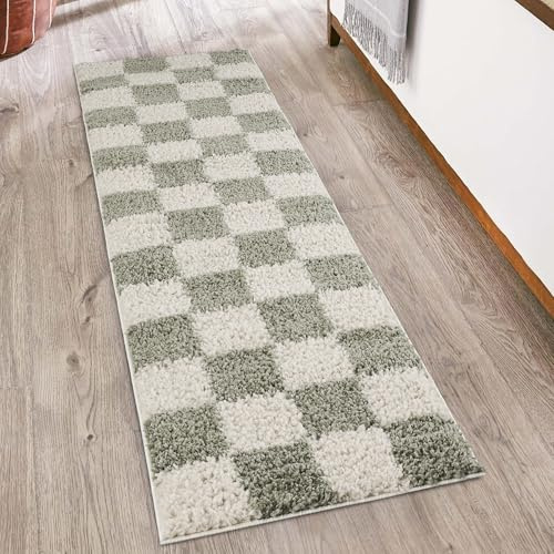 Chester Checkered Soft Shaggy Hallway Runner Rug, Sage, 60x220cm