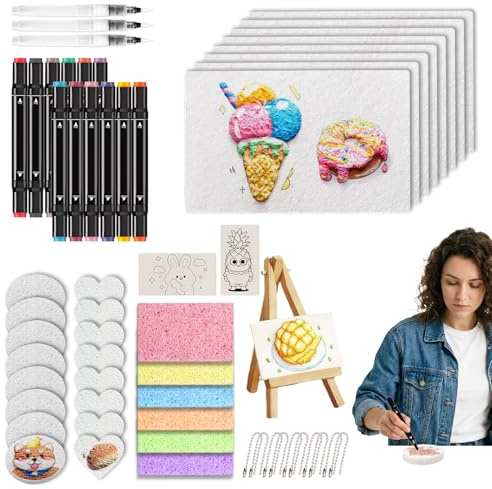 Msiud Kit de Peinture à Texture Magique, Lot de 58 éponges 3D Toile Texture Mousse Papier Avec 12 Couleurs Stylos à Dessin Toile Eponge DIY Accessoires d'art Puffy Popcorn Draw Texture Painting
