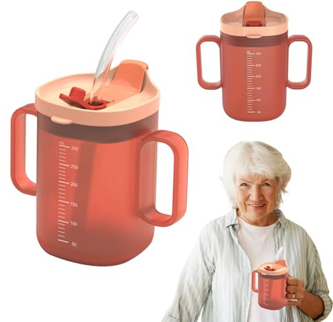 JurciCat Tasse à Bec 300ml pour Seniors avec Poignée Gobelet avec Paille et Couvercle Anti-Fuites pour Adultes Patients Âgés Handicapés Orange