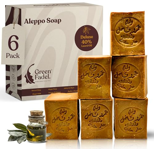 GREEN FADEL Aleppo Seife Original, 40% Lorbeeröl, 6x ca. 200g | Deluxe, Olivenölseife, 60% Olivenöl, Naturseife, Kernseife, handgemacht, plastikfrei verpackt