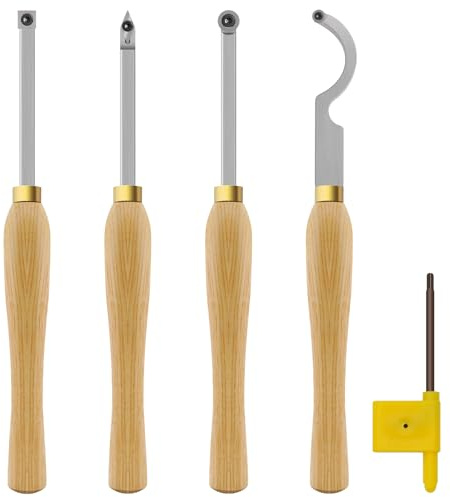 CDBP Mini Carbide Tipped Wood Lathe Turning Tools Set with Wood Handle | Set of 4 Wood Turning Chisels, Rougher Detailer Finisher Swan Neck Hollower, Screws and Key Star Wrenches