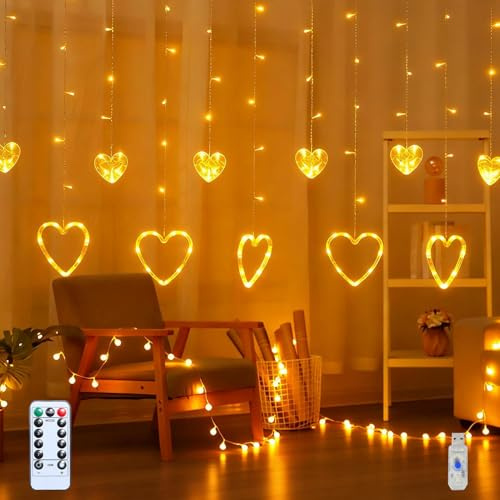 Herz Lichtervorhang, 3,5M LED Lichterkette Fensterbeleuchtung, Valentinstag Deko Lichtervorhang Innen Außen 8 Modi mit Fernbedienung Timer, IP44 Wasserdicht Herz Lichterketten Vorhang für Party