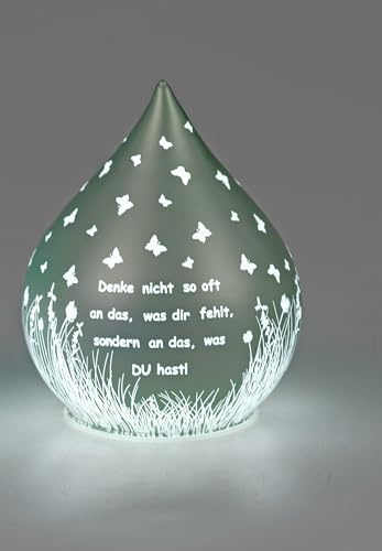 formano 1 Stück Deko-Tropfen in Frosty-Silber grün mit LED-Licht + Timer 15cm aus Farbglas in geeister Optik mit Spruch: Denke nicht so oft an das.., für 3x AA Batterien 1,5V-Batterie nicht enthalten
