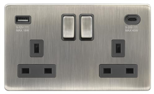 EVOGES Terra 2 Gang Switched Socket with USB-C 45W & USB-A Fast Charge – 13A Double Pole Wall Socket, Fits Standard UK Back Boxes (Brushed Chrome/Grey Insert)