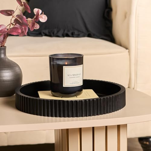 OHS Round Decorative Tray, Ribbed Coffee Table Tray Modern Bathroom Vanity Trays for Dresser Jewellery Toilet Tank Bedroom Kitchen Countertop Candle Holder Storage Organiser, Black