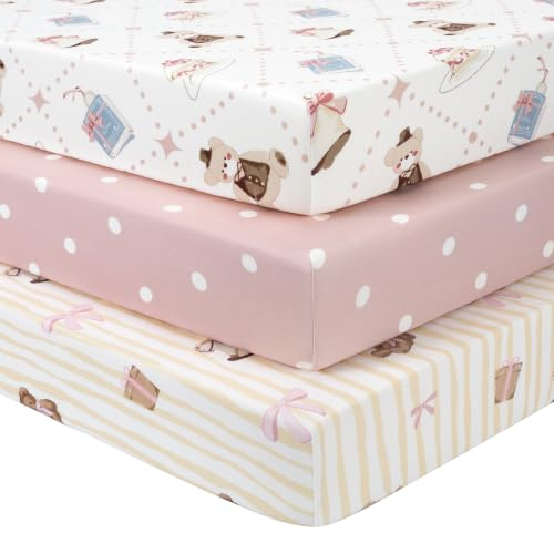 FIEMOL Baby Spannbettlaken 70x140 cm Kinderbett Spannbetttuch, 3er-Pack Mikrofaser Bettlaken Für Babybett, Ultrasanft & Seidigglatt Kinderbettlaken Rosa Bär