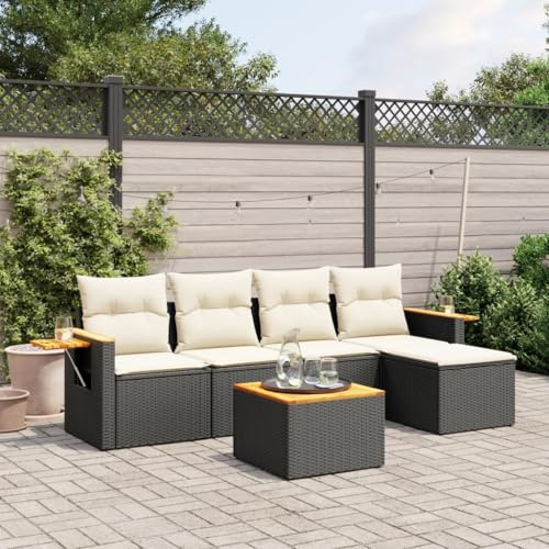 FWIKDUN PE Rattan Outdoor Sofa Set with Cushions, 6-Piece Weather Resistant Patio Sofa Set with Washable Cushion Covers, Modular Design Garden Furniture in Black