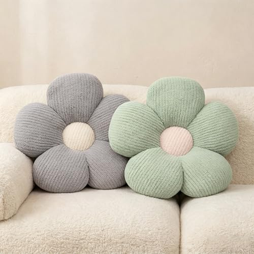 Blumen-Sitzkissen, 2er-Set, niedliche dekorative Zierkissen, grau und grün | 40 cm Bodenkissen, Zierkissen, niedlich für Schlafzimmer, Auto, Sofa, Sessel, Raumdekoration