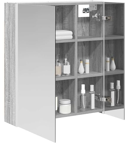 vidaXL Badezimmerspiegelschrank Graues Sonoma 63,5 x 15,5 x 70 cm, Stylischer Badezimmeroberfläche, Wandspiegel, Cooles Stauraum, Moderne Vanity, anpassbare Beleuchtung, Platz sparen