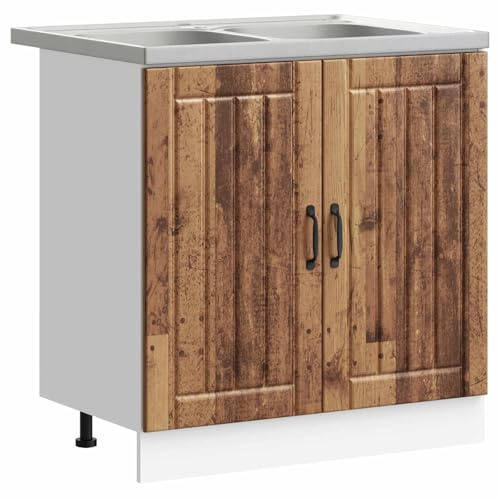 Mhdvray Waschbecken-Unterschrank Lucca, Küchenunterschrank 80 cm inkl. Spüle und Abtropfsatz, Spülenschrank Holzwerkstoff Altholz-Optik, 2 Türen, Modern, Bügelgriffe, 80 x 46 x 81,5 cm