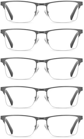Eyecedar 5-Pack Reading Glasses for Men Women Blue Light Blocking Metal Gunmetal Half Frame Spring Hinge Anti Eyestrain Anti Glare Eyeglasses Computer Readers 2.50