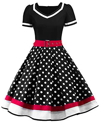 AXOE Damen 50er Jahre Kleider Rockabilly Vintage Festliches mit Abnehmbarer Gürtel A LinieSchwarz Weiß Gepunktet, Gr.42, XL