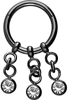 PIERCINGLINE Chirurgenstahl Segmentring Clicker 3 Ketten + Kristalle Piercing Septum Helix Tragus Schwarz