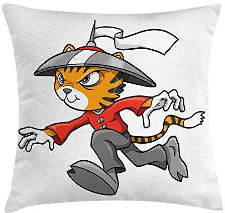 ABAKUHAUS Ninja Cat Kissenbezug, Krieger Cartoon, Dekorativer Kopfkissenhülle mit Beidseitiger Druck, 60 x 60 cm, Mehrfarbig