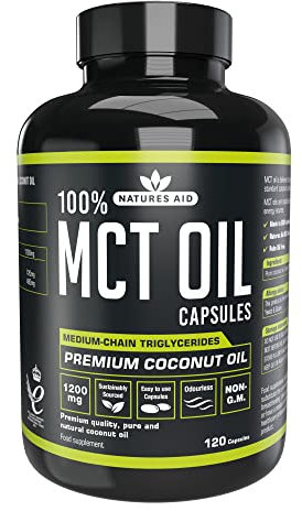Natures Aid MCT Oil Capsules 1200mg 120 Capsules - Premium 100% Coconut Oil - Supports Energy Boost Metabolism Keto Weight Management - Vegan, Gluten-Free Essential Fatty Acids