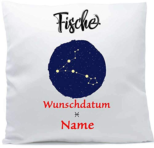 SL-Store GbR Kissen mit Namen Sternzeichen Fische Datum 40x40 cm inkl. Füllung Kuschelkissen Wunschtext, Kissen Farbe:Vorderseite weiß/RS blau
