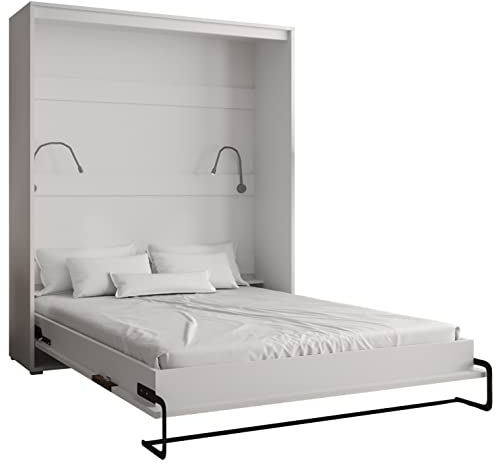 KRYSPOL Bett im Schrank Home, Vertikal, Schlafzimmer, Jugenzimmer, Modern Design (Weiß matt + Schwarz matt, 160 x 200 cm)
