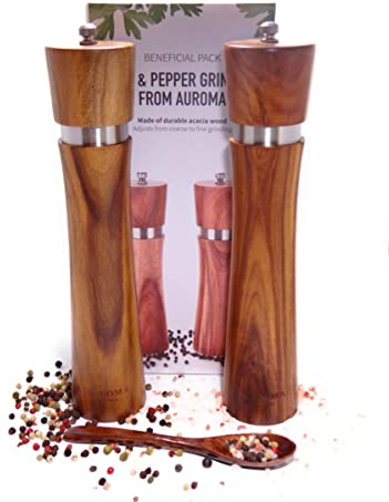 AUROMA Salz & Pfeffermühlen Set aus hochwertigem Akazienholz gefertigt | Modernes Design | Geschenkidee | Gewürzmühlen für Salz, Pfeffer, Chili & alle Arten von Kräutern | Keramikmahlwerk (26,5cm)