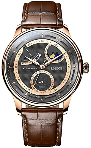 LOBINNI Mechanische Automatikuhr für Herren, Mondphase, wasserdicht, modisch, luxuriös, für Herren, Schwarzbraun, Mechanische, automatische Armbanduhr