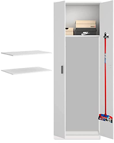 HABITMOBEL Mueble Baño Multiusos, Blanco 180 x 59 x 37 cm y 4 Ganchos escoberos Acero (estantes adicionales incluidos)