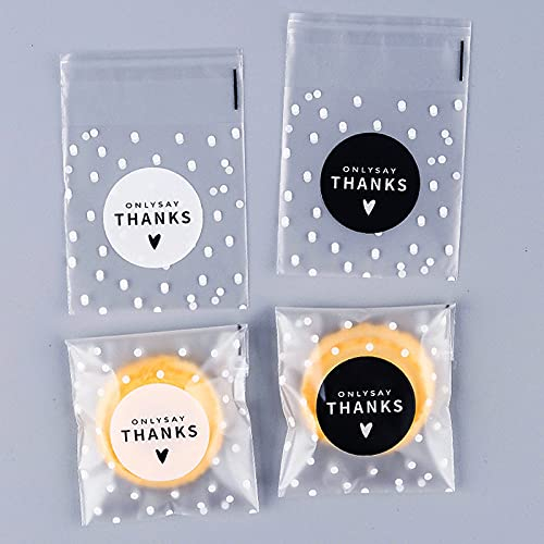burkfeeg 200 Stück Selbstklebend Süßigkeiten Tasche Tütchen Cellophantüten mit THANKS Klein Flachbeutel Geschenktüten für Süßigkeiten Plätzchen Gebäck (7 × 7+3cm)