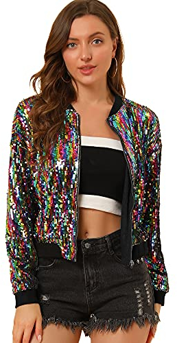 Allegra K Damen Glitzer Jacke Bomberjacke Pailletten Bomber Jacke Langarm Party Club Metallic Sequin Jacken Regenbogen M