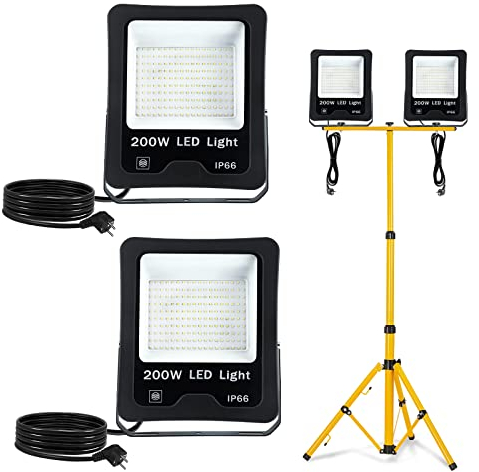Froadp 2x200W Projecteur à LED Avec Trépied Lampe de Travail en Aluminium Avec Cordon D'alimentation 3m et Prise UE Projecteur de Chantier Avec Protection Contre la Foudre Etanche IP66 (Blanc Froid)