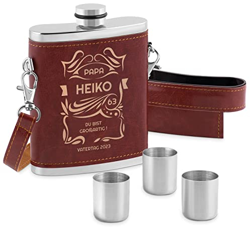 Maverton Flachmann mit Gravur - personalisiert - 250 ml - 3x10 ml Becher - aus Edelstahl - Ledertasche mit Riemen - Geburtstagsgeschenk für Männer - Farbe: Silber/Braun - Jugendstil