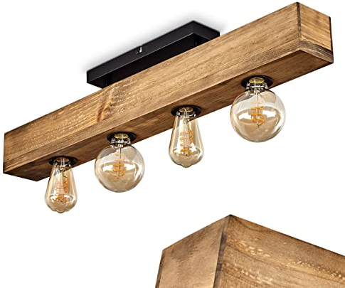 Deckenleuchte Berat, längliche Deckenlampe aus Metall/Holz in Schwarz/Dunkelbraun, moderne Leuchte mit Holzbalken, 4-flammig, 4 x E27, ohne Leuchtmittel