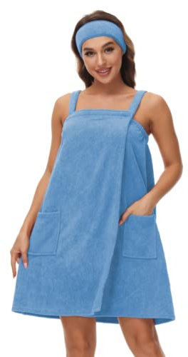 Alunsito Ensemble de Serviette et Bandeau pour Femme Doux en Microfibre Portable Spa Douche Sangle de Bain Wrap Cover Up Serviette de Bain Tube Robe Peignoir L Bleu Clair