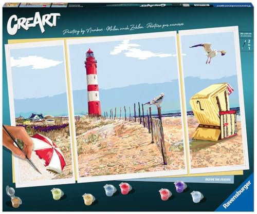 Ravensburger - CreArt Triptyque, Plage du Nord, Kit de Peinture avec numéros, Contient 3 Tables préimprimées, Pinceau, Couleurs et Accessoires, Jeu créatif et détente pour Adultes 14 Ans