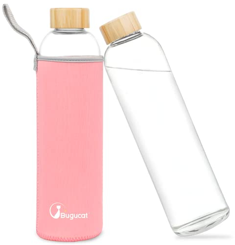 Bugucat Borosilicate Glass Water Bottle 1000ML, Reusable Lid Drinking Bottle with Protective Sleeves,Juice Beverage Container BPA-Free Leak Proof for School Sport Yoga Gym Hot Cold Drinks