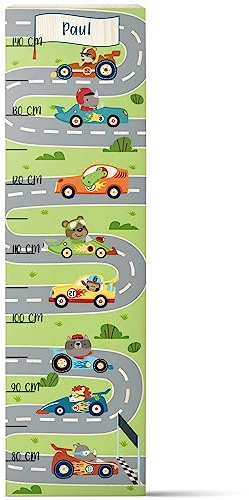 GRAVURZEILE Messlatte für Kinder aus Holz - Rennauto Design - mit Namen für Kinderzimmer - Skala misst 80-140 cm - Größe 20 x 70 x 2 cm - Geschenk zur Geburt für Mädchen & Jungen