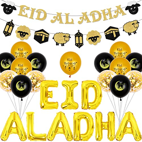 Eid Al Adha Dekorationen, Eid Al Adha Banner, Girlande und Luftballons, Ramadan Eid Mubarak Dekorationen Muslimische Islamische Partyzubehör für Hausgarten
