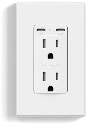 ELEGRP Prise de courant USB C 65 W pour ordinateur portable, prise murale 15 A avec ports USB C, prise USB ultra rapide et inviolable, plaque murale incluse, certifié UL (blanc mat)