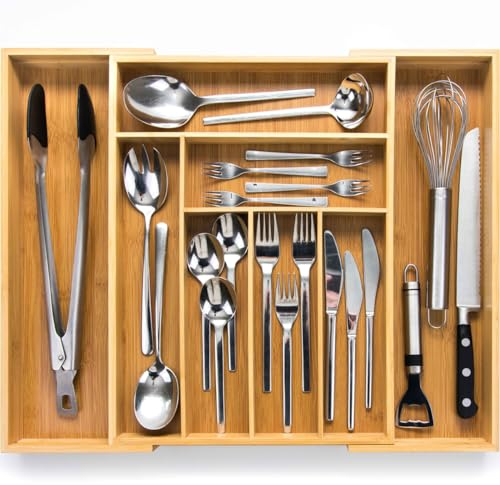 budu Range-couverts #43 (profondeur 43 cm) en bambou – Système de rangement des tiroirs pour la cuisine – Range-couverts pour tiroirs en bambou – Extensible – Organiseur de cuisine…