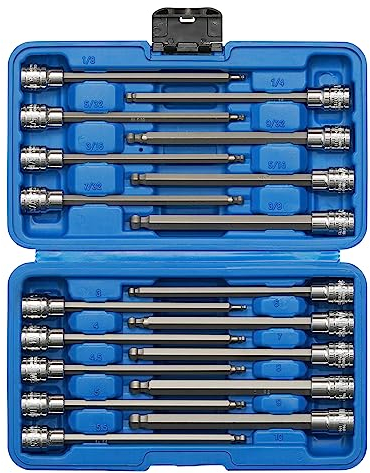 EMENTOL 18PCS 3/8 Drive Long Ball-End Hex Bit Socket Set, CR-V, S2 Steel, SAE/Metric, Extra Long Allen Bit Socket Set, 1/8 Inch - 3/8 Inch, 3mm - 10mm