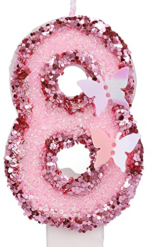 7,5cm Geburtstag Nummer Kerzen, Glitzernde Zahlenkerze Rosa Zahlenkerzen Kuchenaufsatz Schmetterlings-Geburtstagskerzen mit Pailletten für Jubiläumsfeiern (Nummer 8)
