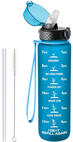 GOPPUS 1L/32oz Tritan Water with Straw Bottle 1 Litre Leakproof Drink Bottle with Measurements Sport Bottles with Lock Flip Top Motivational Bottles with Time Marks for Adults Cycling (Blue)