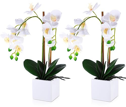 Lallisa 2 Pcs White Artificial Orchid Flowers with Vase Fake Orchid Plant in Pot Fake Real Touch Orquideas Flowers 17 inch Faux Phalaenopsis Orchids for Table Centerpiece Indoor Office Wedding Decor