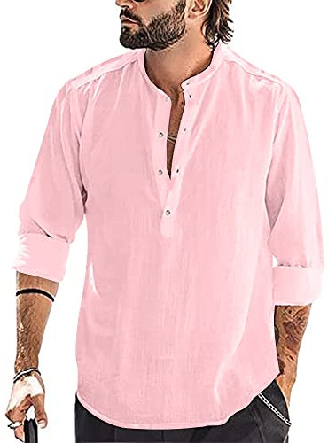 YAOBAOLE Chemise Lin Homme Slim Fit Chemise en Lin Homme Été Chemises Col Mao Henley Hommes Manche Longue Couleur Rose 3XL